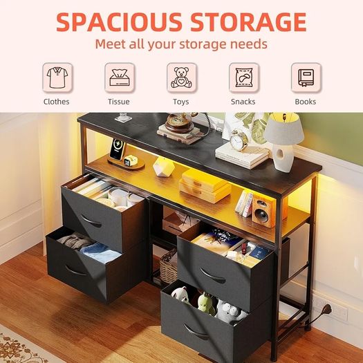 110cm TV Stand, TV Cabinet with Power Outlets & LED Light, 4 Fabric Drawers TV Unit for TVs Up to 55 inch, Entertainment Center for Living Room, Bedroom, Black