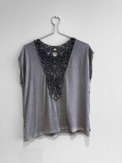 Pre Owned Grey Crochet Back Top with Gold Speckles