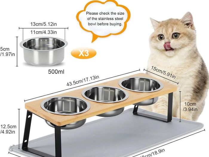 Cat Bowls with Stand & Feeding Mat, 3Pcs Deep Stainless Steel Food Bowls (500ml) for Pet