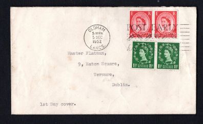 1952 Great Britain Wildings Definitive Series 1 1/2d & 2 1/2d  Addressed First Day Cover to Dublin with Clear Oldham, Lancashire Cancel.