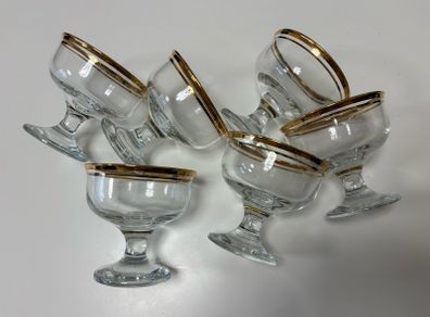 Set of six clear glass footed dessert dishes with gold-trimmed rims