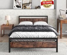Small double Metal Platform Bed Frame 120 x 200cm with Wooden Headboard and Footboard Heavy Duty Steel Support, No Box Spring Needed, Easy Assembly, Black