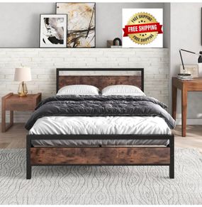 Small double Metal Platform Bed Frame 120 x 200cm with Wooden Headboard and Footboard Heavy Duty Steel Support, No Box Spring Needed, Easy Assembly, Black