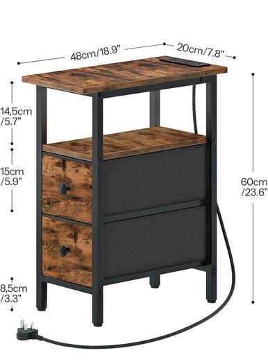 Slim Bedside Table with Charging Station, Narrow Side Table with LED Lights and 2 Fabric Drawers, Nightstand for Small Space, Bedroom, Living Room, Rustic Brown and Black
