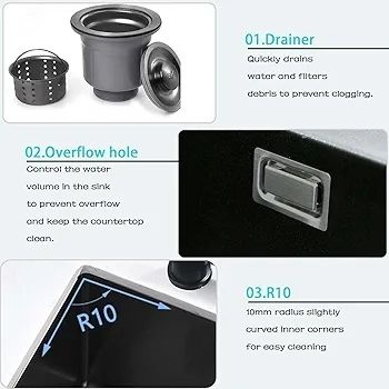 Black Kitchen Sink, 30X40CM Small Sink Stainless Steel Single Bowl, BoomHoze Outdoor Campervan with Overflow, Drainer Fittings, Undermount, Top Mount, Drop in Flushmount Installation, Black