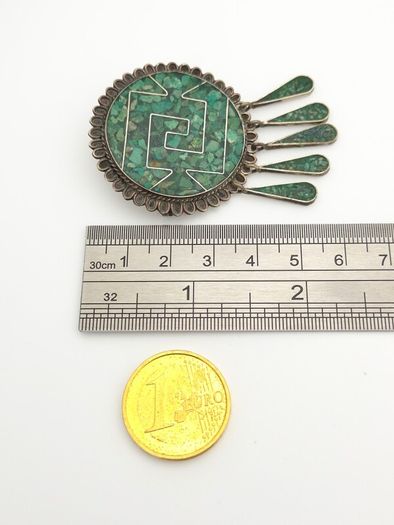 Vintage Mexican Signed 925 Sterling Silver Turquoise Inlay Brooch