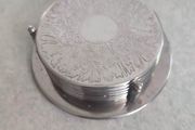 Set of 7 Vintage Silver Plate Coasters w/Matching Holder &amp; "Patent" Leather Base