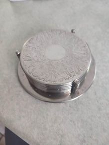 Set of 7 Vintage Silver Plate Coasters w/Matching Holder & "Patent" Leather Base
