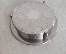 Set of 7 Vintage Silver Plate Coasters w/Matching Holder & "Patent" Leather Base