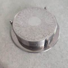 Set of 7 Vintage Silver Plate Coasters w/Matching Holder & "Patent" Leather Base