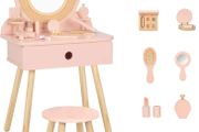 Kids Dressing Table, Pink Kids Vanity Table and Chair with 11 Pcs Wooden Makeup Set, Pretend Dresser Desk Chair Set, Girls Vanity for 3 Year Old and Up