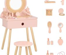 Kids Dressing Table, Pink Kids Vanity Table and Chair with 11 Pcs Wooden Makeup Set, Pretend Dresser Desk Chair Set, Girls Vanity for 3 Year Old and Up
