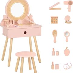 Kids Dressing Table, Pink Kids Vanity Table and Chair with 11 Pcs Wooden Makeup Set, Pretend Dresser Desk Chair Set, Girls Vanity for 3 Year Old and Up