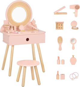 Kids Dressing Table, Pink Kids Vanity Table and Chair with 11 Pcs Wooden Makeup Set, Pretend Dresser Desk Chair Set, Girls Vanity for 3 Year Old and Up