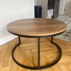 Modern Industrial Round Coffee Table Rustic Wood Finish & Black Steel Frame