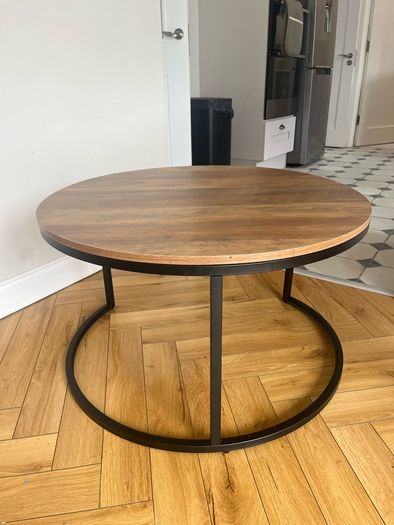 Modern Industrial Round Coffee Table Rustic Wood Finish & Black Steel Frame