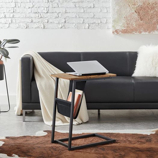 Side Table Laptop Table C Shape Sofa Table with Storage Space Removable Storage Bag Coffee Laptop Living Room Bedroom Industrial Design Vintage Brown/Black