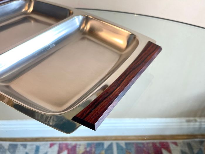 Mid Century Steel & Rosewood Serving Platter, Hong Kong, Vintage Danish Style