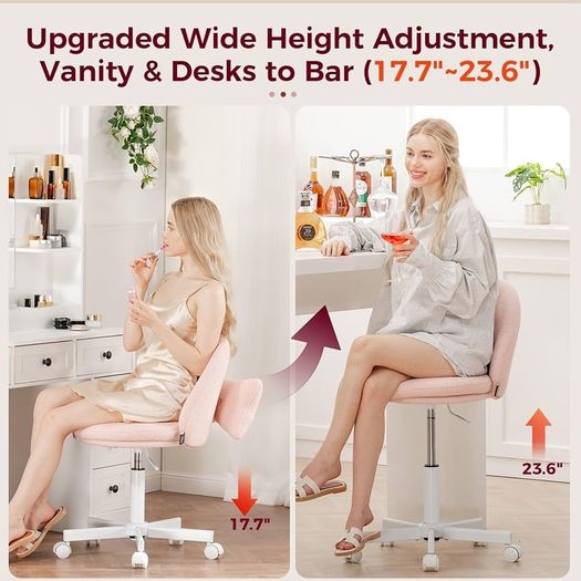 Vanity Chair, Desk Chair without Armrests, Swivel Chair with Back Support, Comfortable Office Chair on Wheels, Height-Adjustable Home Office Chair, Pink Fleece