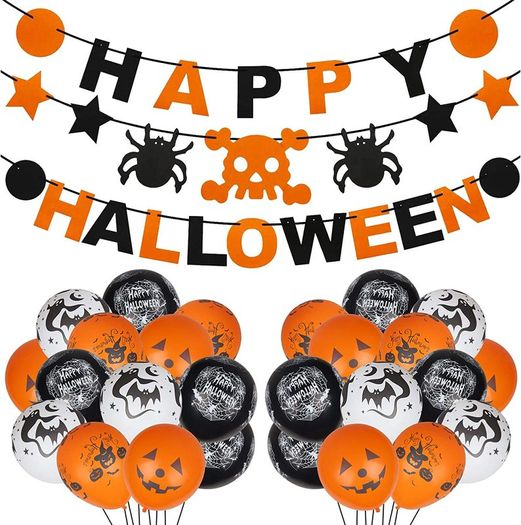Halloween Party Decorations, 3pcs Happy Halloween Banner Pumpkin Ghost Banner and Halloween Balloons for Halloween Indoor Outdoor