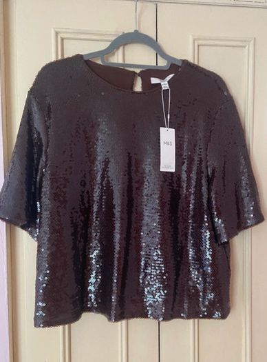 M&S Chocolate Brown Sequin Short Sleeve Top   Size UK 14