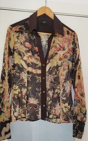 JUST CAVALLI brown sheer floral blouse with silk collar and cuff Sz 44 (Fit 10-12UK)