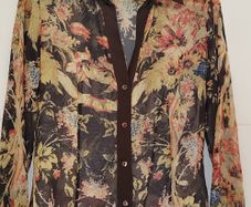 JUST CAVALLI brown sheer floral blouse with silk collar and cuff Sz 44 (Fit 10-12UK)