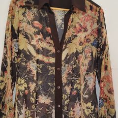 JUST CAVALLI brown sheer floral blouse with silk collar and cuff Sz 44 (Fit 10-12UK)