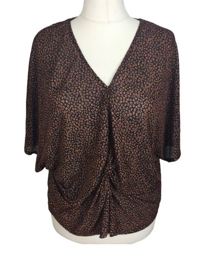 M&s Dark Brown Orange Circle Print Short Dolman Sleeve Rushed Blouse Uk 22