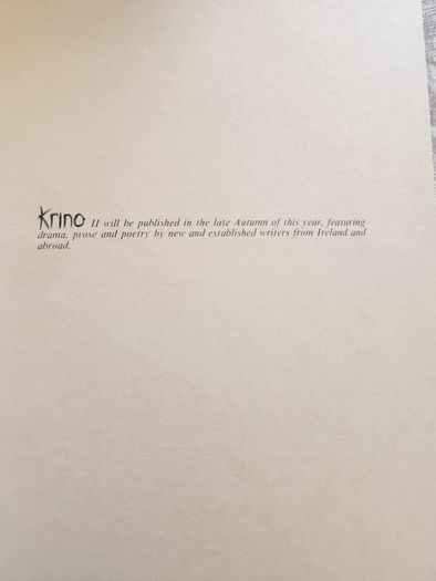 Krino. Literary Magazine No1 Spring 1986. First Edition Paperback In Very Good Condition M