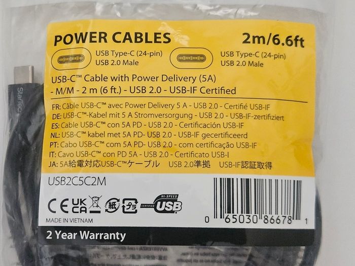 StarTech 2m USB-C to USB-C Cable (100W / 5A Power Delivery)