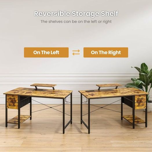 Computer Desk with Drawers Power Outlets 100x50cm Home Office Monitor Stand Gaming Table Reversible Storage Shelf Hook Small PC Workstation for Study Work Write Brown