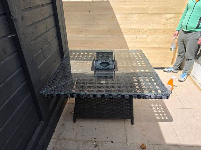 Rattan garden corner sofa with rattan gas firepit table