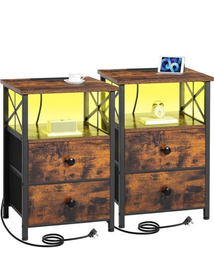 Bedside Table Set of 2, Side Table with Charging Station and Led Lights
