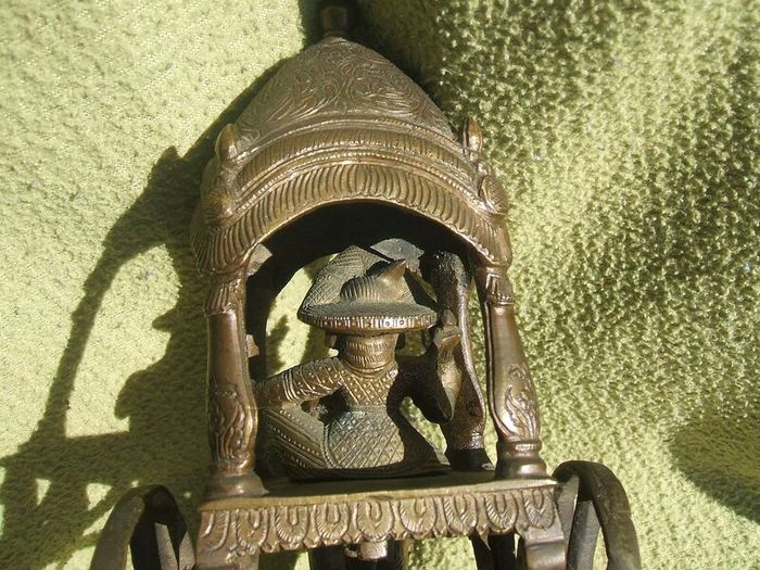 Antique INDIAN BRONZE TEMPLE TOY (Kutch style) - an exceptionally fine example with horse and rider with carriage (c.19th century)