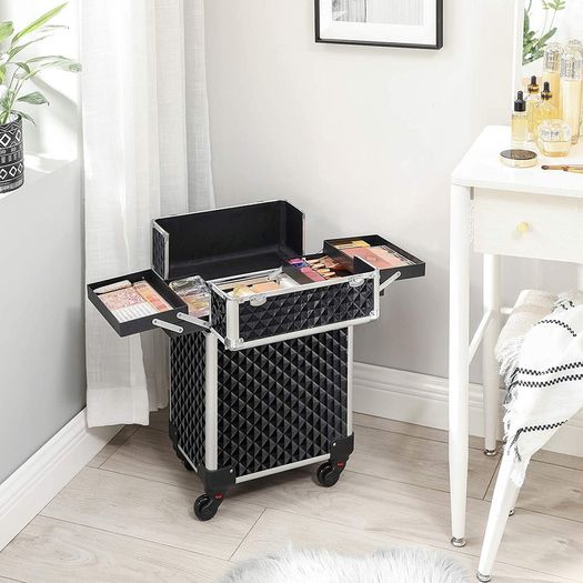 Professional Makeup Case, Cosmetic Case, Mobile, 4 Wheels, 4 Tray, Telescopic Handle, Travel, Travel, Black
