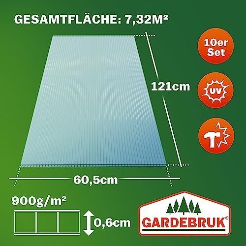 10 x Double Wall Sheets, 6 mm, Can Be Cut to Size, 121 x 60.5 cm, Polycarbonate UV-Resistant, Clear, Twin-Wall Panels, Greenhouse Panels, Multi-Wall Sheets