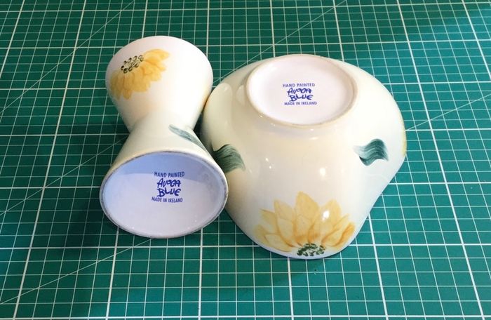 Avoca Blue Sunflowers Hand Painted Signed Candle Holder & Trinkets Bowl