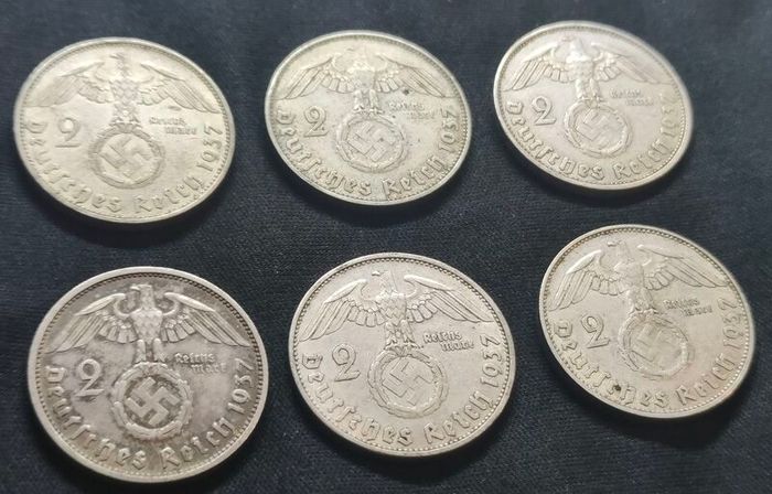 Complete Set - Germany 2 Reichsmark 1937 - All Mint Marks A,D,E,F,G,J