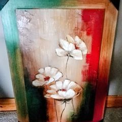 Wooden Painted Picture, Raised Floral Painting.