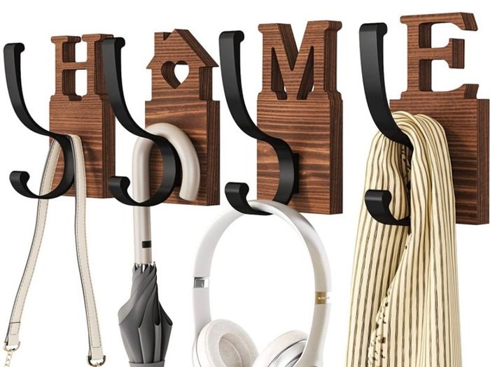 Coat Hooks Wall Mounted, 4 Pack Wooden Coat Hooks with 2 Install Ways, Natural Wood Coat Hooks for Wall to Hang Clothes, Coat, Towel, Keys, 4 Screws, 4 Double-Sided Patchs, Brown (FREE POSTAGE)