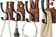 Coat Hooks Wall Mounted, 4 Pack Wooden Coat Hooks with 2 Install Ways, Natural Wood Coat Hooks for Wall to Hang Clothes, Coat, Towel, Keys, 4 Screws, 4 Double-Sided Patchs, Brown (FREE POSTAGE)