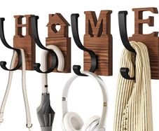 Coat Hooks Wall Mounted, 4 Pack Wooden Coat Hooks with 2 Install Ways, Natural Wood Coat Hooks for Wall to Hang Clothes, Coat, Towel, Keys, 4 Screws, 4 Double-Sided Patchs, Brown (FREE POSTAGE)