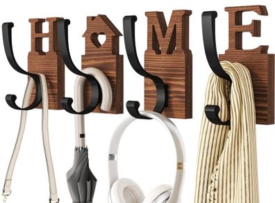 Coat Hooks Wall Mounted, 4 Pack Wooden Coat Hooks with 2 Install Ways, Natural Wood Coat Hooks for Wall to Hang Clothes, Coat, Towel, Keys, 4 Screws, 4 Double-Sided Patchs, Brown (FREE POSTAGE)