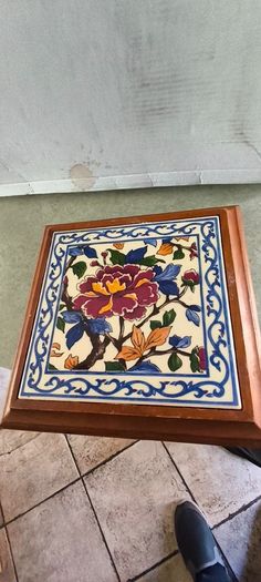Vintage French Wood and Ceramic Tile Trivet, Floral Ceramic Hot Pot Stand