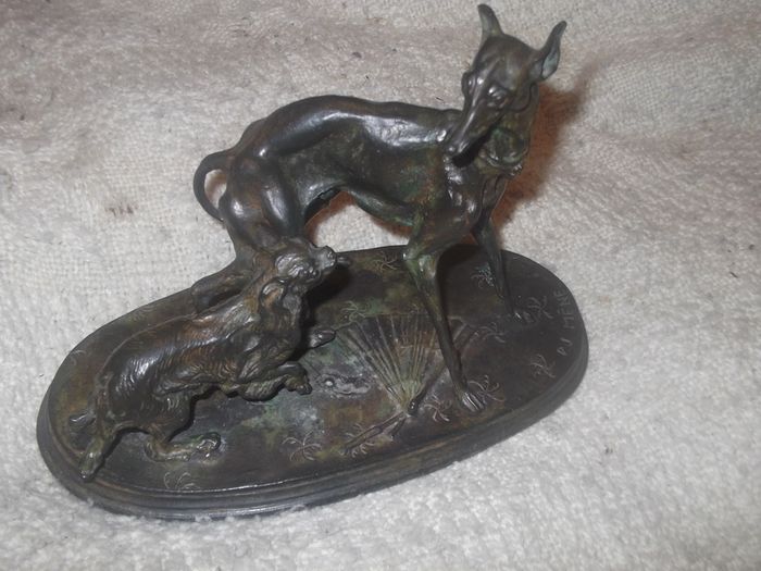 a  lovely antique bronze or metal greyhound and king charles spaniel figure  by p,j.mene