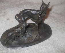 a  lovely antique bronze or metal greyhound and king charles spaniel figure  by p,j.mene