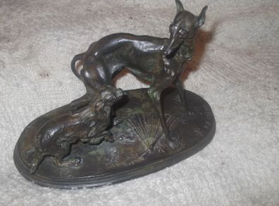 a  lovely antique bronze or metal greyhound and king charles spaniel figure  by p,j.mene