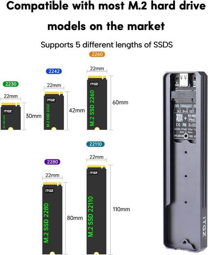 USB NVMe SSD Drive Enclosure Support RTL9210B 10Gbps Aluminum Alloy Case For 2230, 2280, 22110
