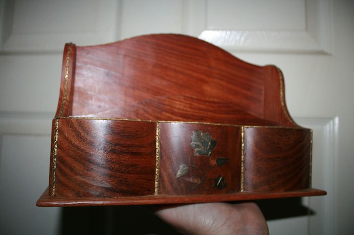 Vintage Letter Holder Handmade Wooden Paper Rack with Moorish Brass Inlays Office Desk Organiser 10,4" x 4" H-7"